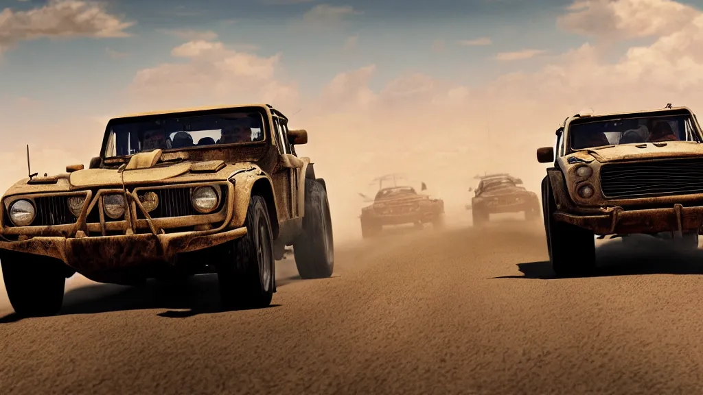 Image similar to illustration of mad max's fj 4 0 pursuit special, the last v 8 interceptor driving down to the gates of valhalla highway, fury road, eternal shiny and chrome, world of fire and blood, by makoto shinkai, ilya kuvshinov, lois van baarle, rossdraws, basquiat, studio ghibli, global illumination ray tracing hdr