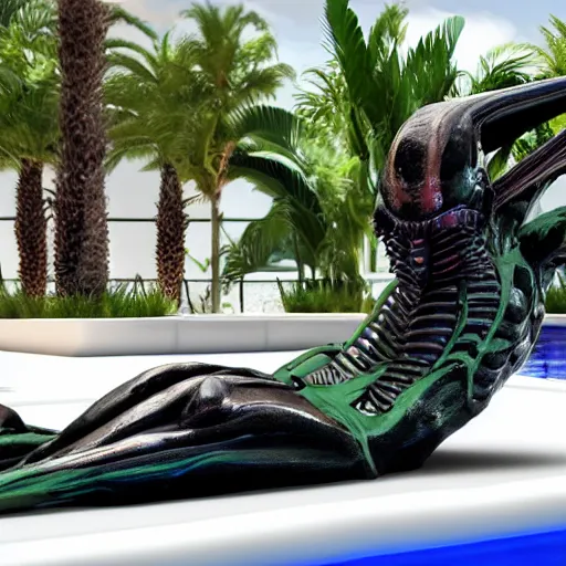 Image similar to xenomorph chilling on a sunbed near a pool drinking mojito, photorealistic, trending on artstation, hyper detailed, 8 k