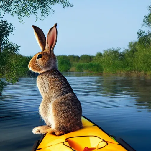 Image similar to a rabbit posing with a kayak next to a calm swedish river, 4k photorealistic