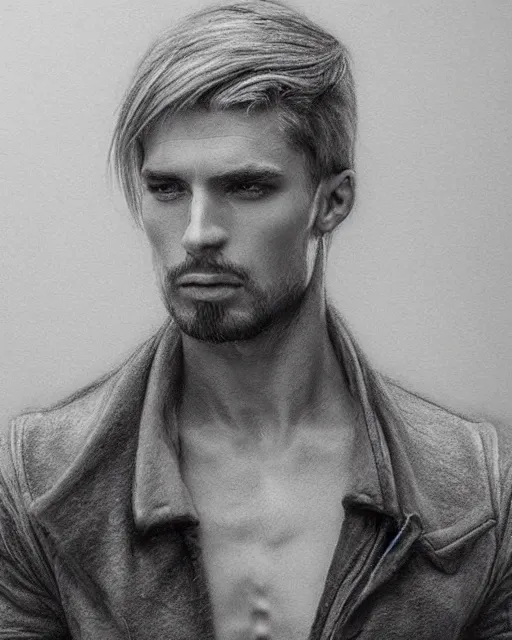 Prompt: pencil drawing of beautiful russian man, hyper realistic face, in the style of greg rutkowski, fantasy, amazing detail, epic, elegant, smooth, sharp focus, from the front