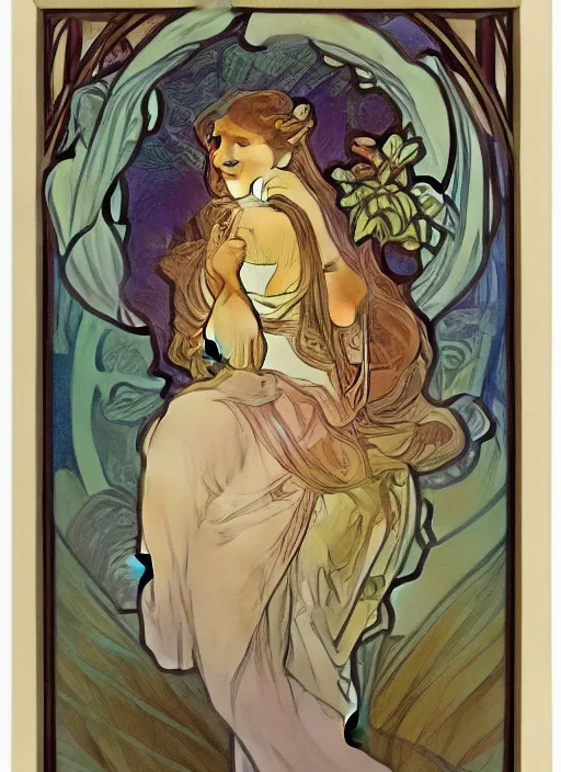 Prompt: stained glass portrait of yuval dayan in the style of alphonse mucha, tarot, olive, smooth