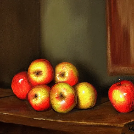 Image similar to oil painting of a barrel of apples in a tavern im medieval setting, low light, dwarves, HD, 4K, digital art