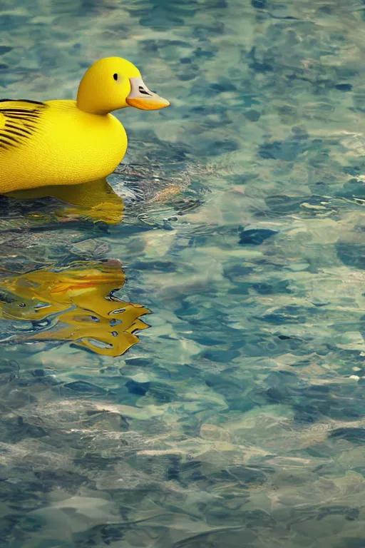 Image similar to bright yellow duck swimming on water, octane render, 3 d digital art by beeple, unreal engine 5, award winning, refraction, reflection