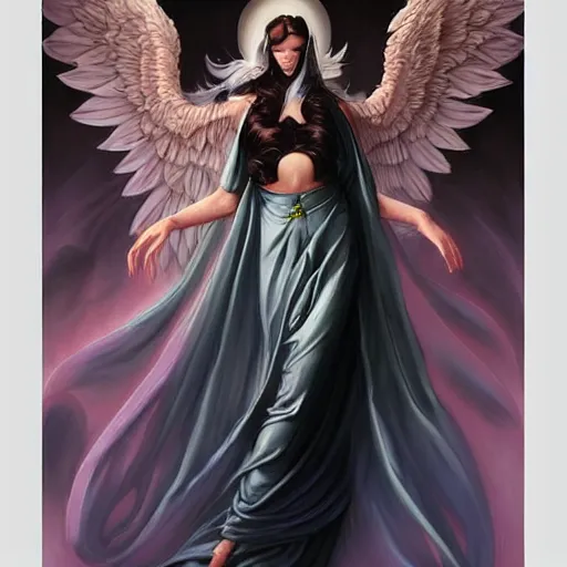 Image similar to a robed angel with iridescent black raven wings, by Peter Mohrbacher, Artgerm, Steve Argyle, Mark Brooks, Jim Burns