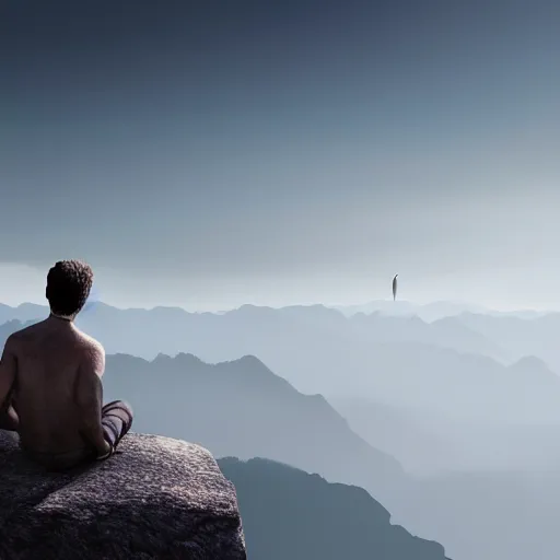 Prompt: photorealistic man meditates on a mountaintop, looking into the horizon, magical, impressive, infinity, sunset light, Atmospheric phenomenon, matte painting, dream-like award-winning digital art, muted colors, conceptual