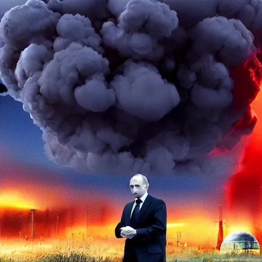 Image similar to a huge nuclear mushroom cloud explodes behind a grief stricken vladimir putin, photorealistic, apocalyptic - h 6 4 0