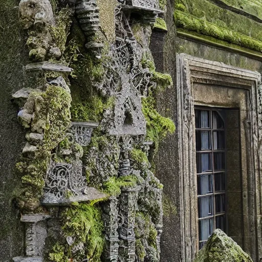 Image similar to an intricate, delicate tracery of stone, forming a beautiful ancient monument, slowly being covered by moss and lichen