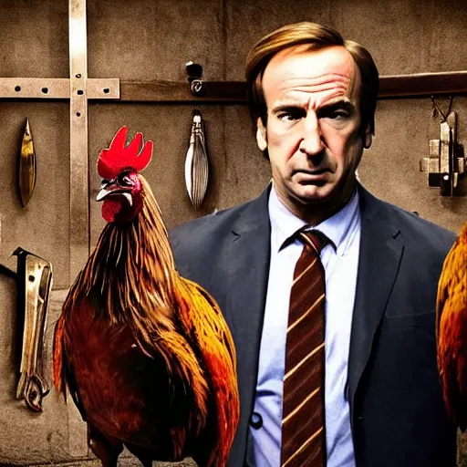 Prompt: saul goodman and a rooster in a medieval torture chamber, saw blades and knives in the background, horror movie, saul goodman, rooster!!!!!, real life photo, detailed face