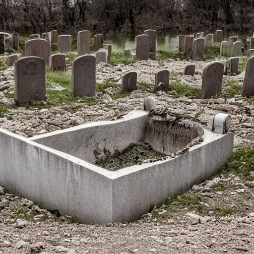 Prompt: The land art shows a grave that has been flooded with water. The grave is located in a cemetery in Italy. The water in the grave is dirty and there is trash floating in it. The grave is surrounded by a fence. by Johannes Voss desaturated