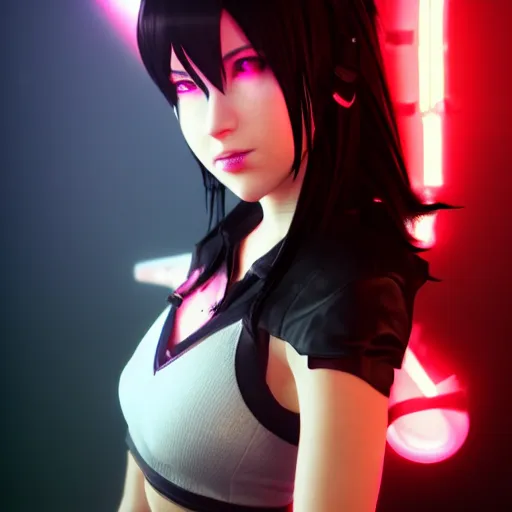 Image similar to tifa lockhart synthwave style volumetric lighting