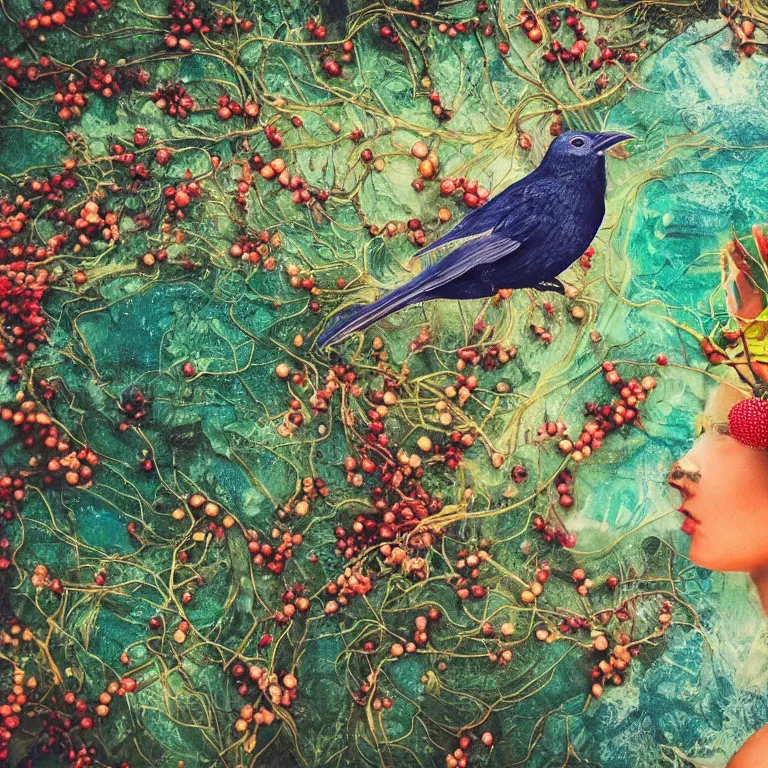 Image similar to human with the sea and the forest inside, veins diverge through the body like rivers filmed on a satellite, a person is decorated with wild berries, a beautiful bird is looking at him next, colorful picture