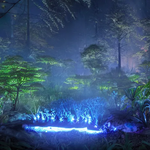 Image similar to scene still of avatar variety bioluminescent forest at night. cinematic cg weta