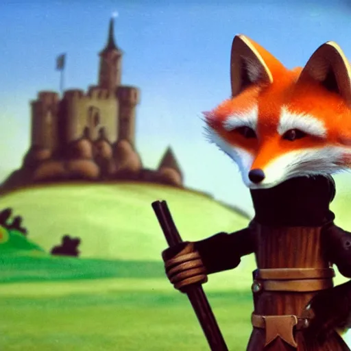 Prompt: anthropomorphic fox!! who is a medieval knight holding a swo - rd towards a s - tormy thundercloud [ 1 9 3 0 s film still ], ( castle in the background )