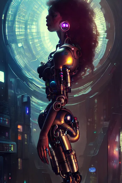 Image similar to ultra realistic, beautiful female cyborg in a crowded smoky cyberpunk club in space megalopolis, sci - fi, intricate details, eerie, highly detailed, octane render, 8 k, art by artgerm and alphonse mucha and greg rutkowski