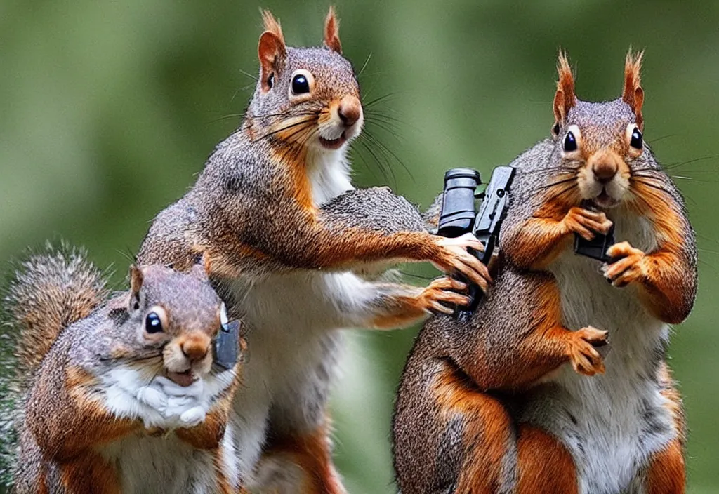 Prompt: genetically modified squirrels with guns hold a bank hostage