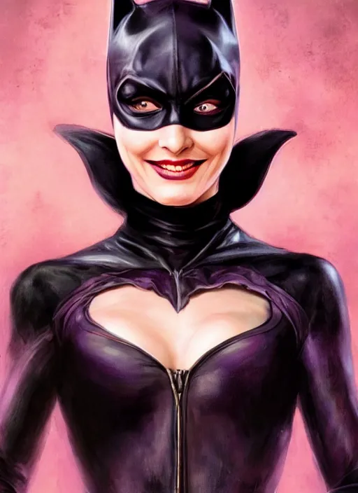 Prompt: A beautiful portrait of a Daria Strokous as Catwoman smiling, from movie Batman, highly realistic digital art by Eugene de Blaas and Ross Tran, vibrant color scheme, highly detailed, in the style of cinematic, artstation, Greg rutkowski