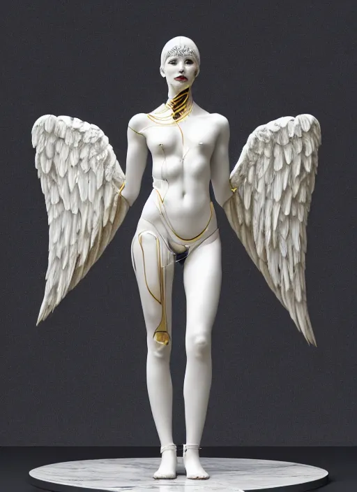 Image similar to a statue made of white marble with gold veins, of an beautiful gorgeous futuristic cybernetic angel girl, prostheses, transhumanism, full body shot, perfect symmetrical body, perfect symmetrical face, hyper realistic, hyper detailed, by johannen voss, by peter kemp, by monia merlo, by michelangelo, octane render, blender, 8 k