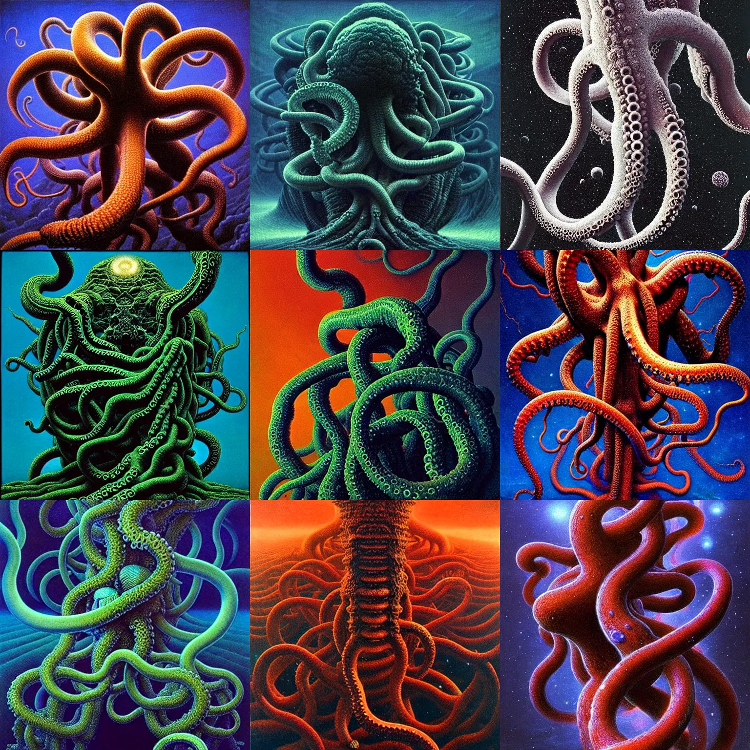 Prompt: tentacles from void!!!! destroying galaxy space by beksinski!!, mc escher!!, tessellation, trending on artstation, profile picture logo, variation 1 0 0 0, extreme detail