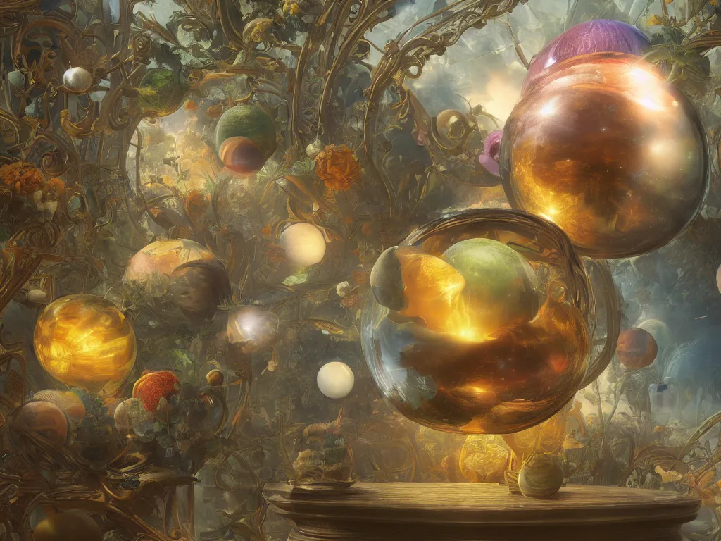 Image similar to 3 d render, sunlight study, the universe is a spheroid region 7 0 5 meters in diameter, art nouveau, by jan davidz de heem and ( ( ( ( ( lisa frank ) ) ) ) ), 8 k, sharp focus, octane render