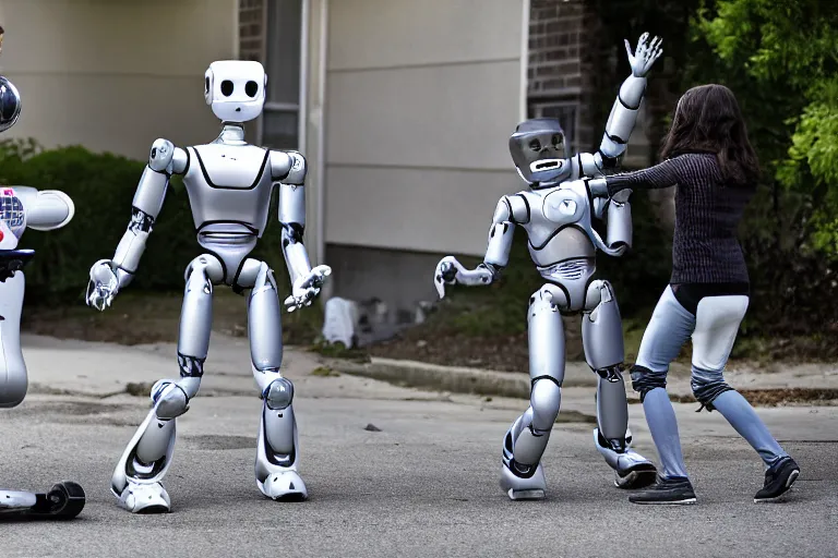 Image similar to photojournalism of sleek humanoid robot being hit with bats by two mean on a residential street