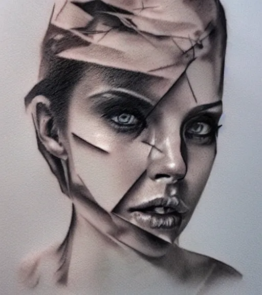 Image similar to hyper realism tattoo sketch of a beautiful woman face double exposure effect with beautiful mountains, in the style of matteo pasqualin, amazing detail, sharp, faded