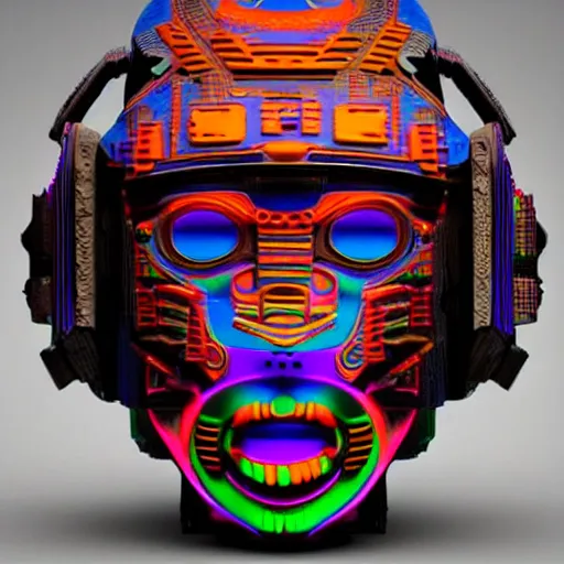 Prompt: claymodel of a cyberpunk aztec futurism robot head, 8 k, symetrical, flourescent colors, halluzinogenic, multicolored, insanely integrate, black background, 3 d render,