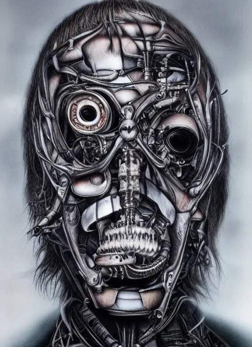 Image similar to Liam Gallagher by Yoshitaka Amano, by HR Giger, biomechanical, 4k, hyper detailed, hyperrealism, anime