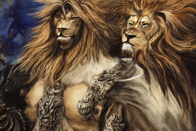 Prompt: 8k Yoshitaka Amano painting of upper body of a young cool looking lion beast-man with white mane at a medieval market at windy day. Depth of field. He is wearing complex fantasy bohemian clothing. He has huge paws. Renaissance style lighting.