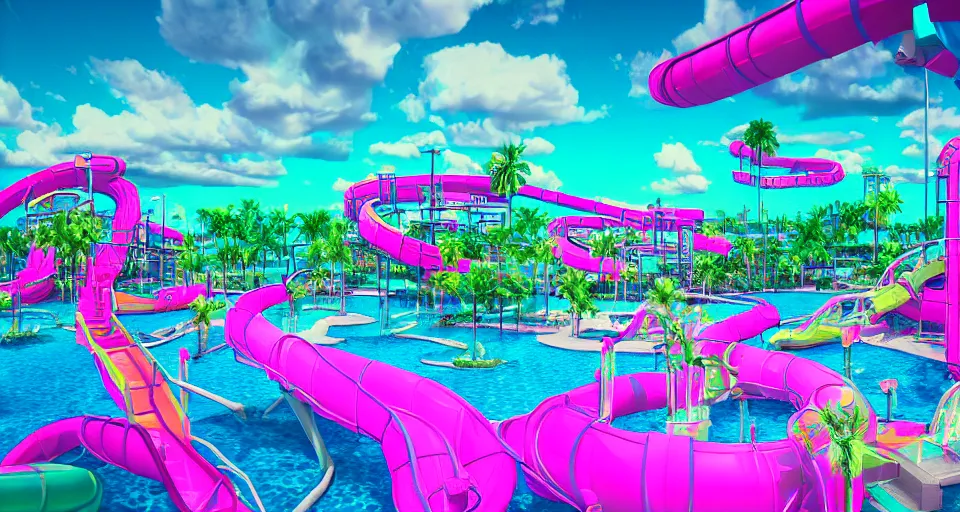 Image similar to 80s vaporwave outrun 3d Render of a water park, liminal space retro, grainy, noisy