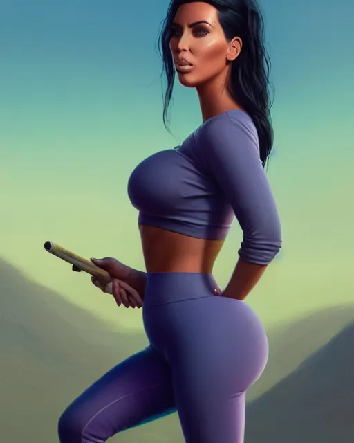 Image similar to highly detailed vfx portrait of, kim kardashian in leggings by stephen bliss, chalk, unrealengine, greg rutkowski, loish, rhads, beeple, chalk, makoto shinkai and lois van baarle, ilya kuvshinov, rossdraws, tom bagshaw, basil gogos