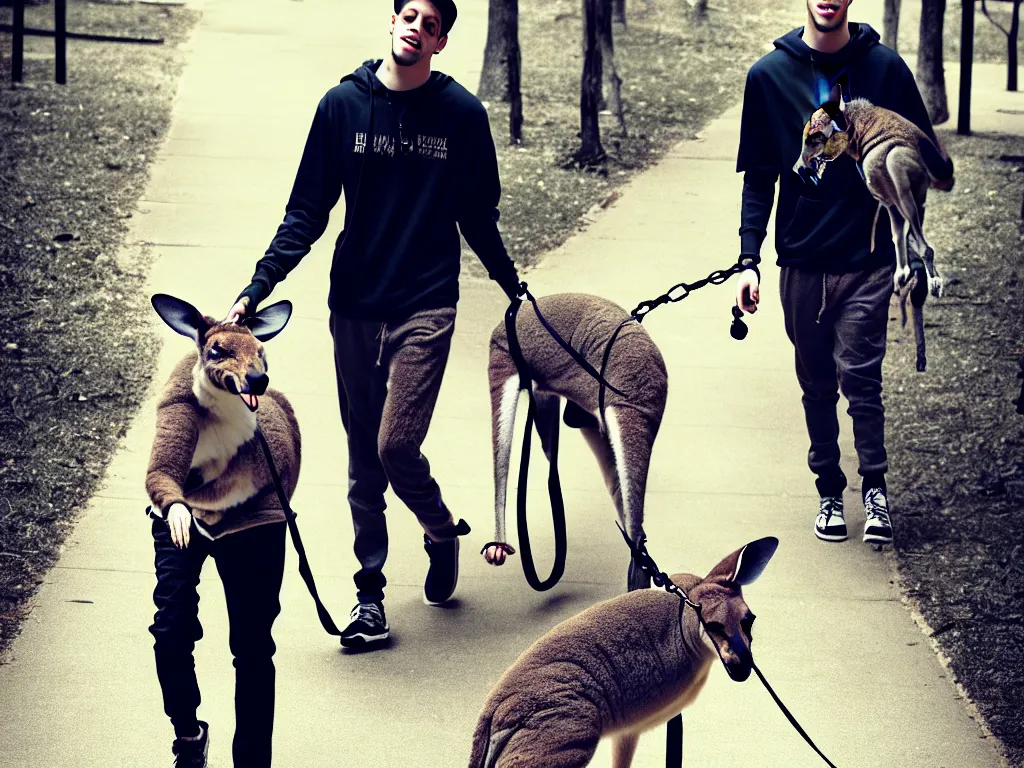 Prompt: pete davidson walking a kangaroo, 4k, trending on artstation, photorealistic, hyper detailed,