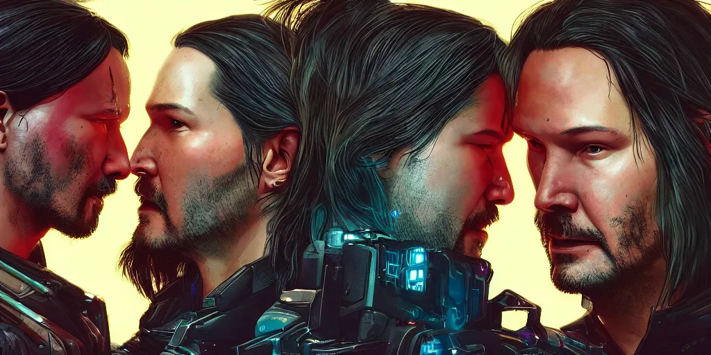 Image similar to a cyberpunk 2077 srcreenshot couple portrait of Keanu Reeves and V final kiss,love,film lighting,by Laurie Greasley,Lawrence Alma-Tadema,Andrei Riabovitchev,Dan Mumford,John Wick,Speed,Replicas,artstation,deviantart,FAN ART,full of color,Digital painting,face enhance,highly detailed,8K,octane,golden ratio,cinematic lighting