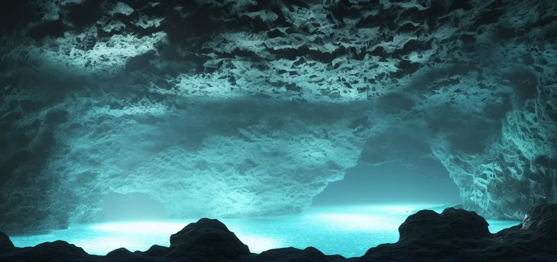 Image similar to beautiful view of an underwater cavern, glowing water with caustics, dark atmosphere, dappled light, reflections, light rays. refraction, symmetry, cinematic lighting, ultra detailed, sharp, ambient occlusion, bloom, raytracing, by dylan cole, sebastian meyer and jordan grimmer