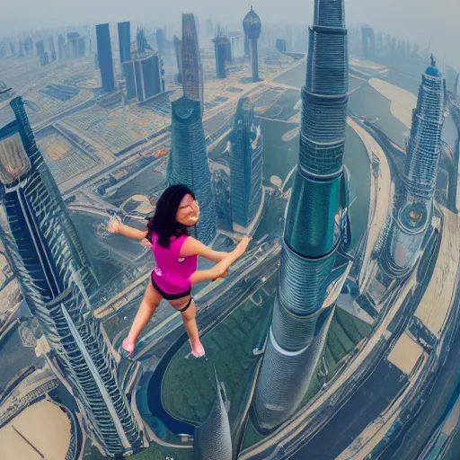 Image similar to spuergirl flying upon shanghai lujiazui, cityscape, cloud day, artstation, 8 k