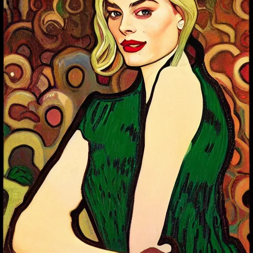 Prompt: painting of margot robbie at the cucumber soup party, elegant, clear, painting, stylized, art, art by alphonse mucha, vincent van gogh, egon schiele,