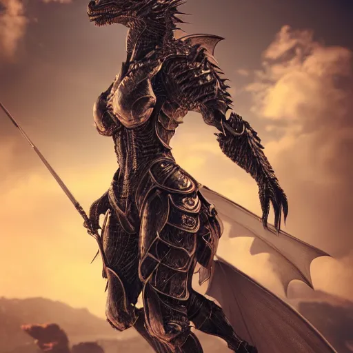 Prompt: highly detailed realistic stunning shot of a beautiful anthropomorphic female dragon knight, doing a majestic and elegant pose, armor made of steel, sharp claws and tail, HD octane render, epic cinematography, Artstation, Deviantart, Furaffinity