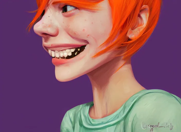 Image similar to portrait of a beautiful smiling girl with orange hair and freckles, green eyes, highly detailed, digital painting, style by Gretel Lusky, artstation, concept art, smooth, sharp, focus, illustration. background is purple