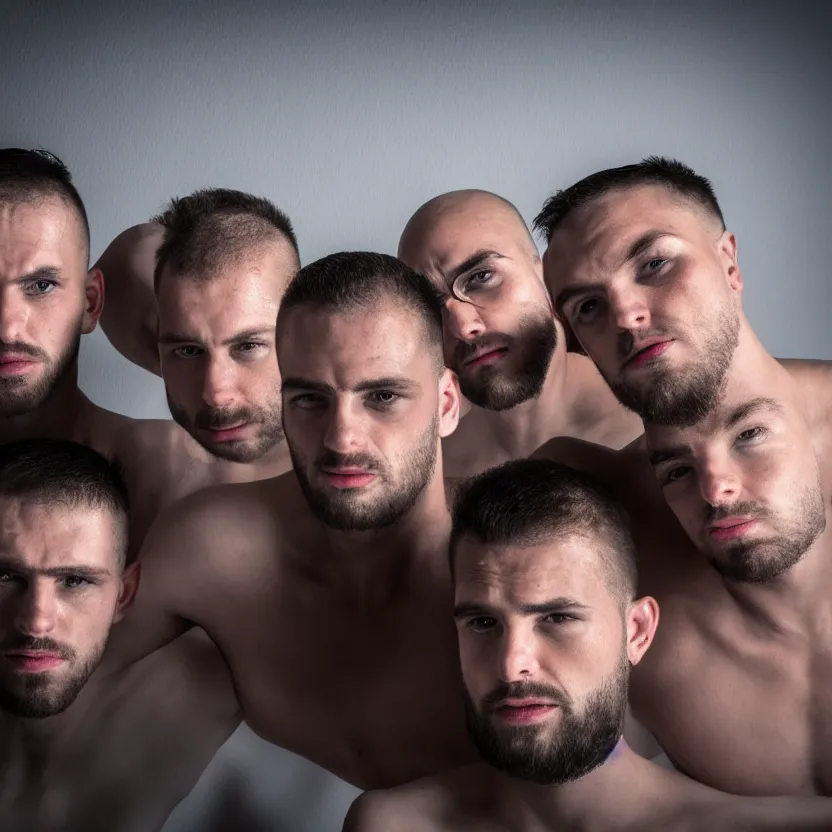 Prompt: four men's faces, hard top lighting, darkest room, cross composition