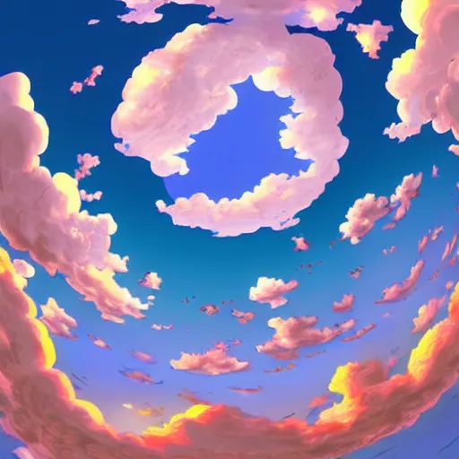 Image similar to anime clouds, circular, fisheye perspective, highly detailed