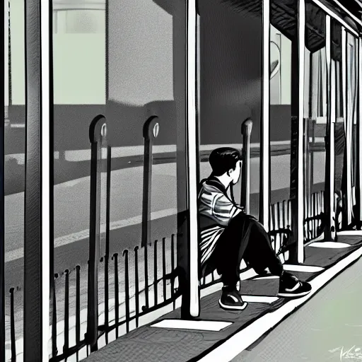 Image similar to a young man waiting at the bus stop in ireland, digital art