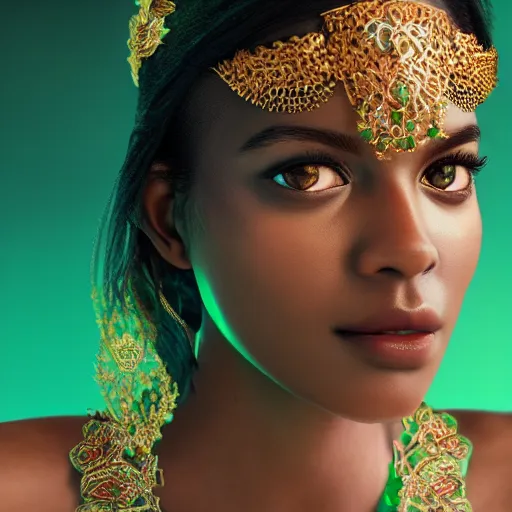 Image similar to photograph of wonderful princess with smooth dark skin, green jewelry, breathtaking, elegant, ornate, intricate, hyper detailed, accent lighting, dramatic light, 4 k octane render