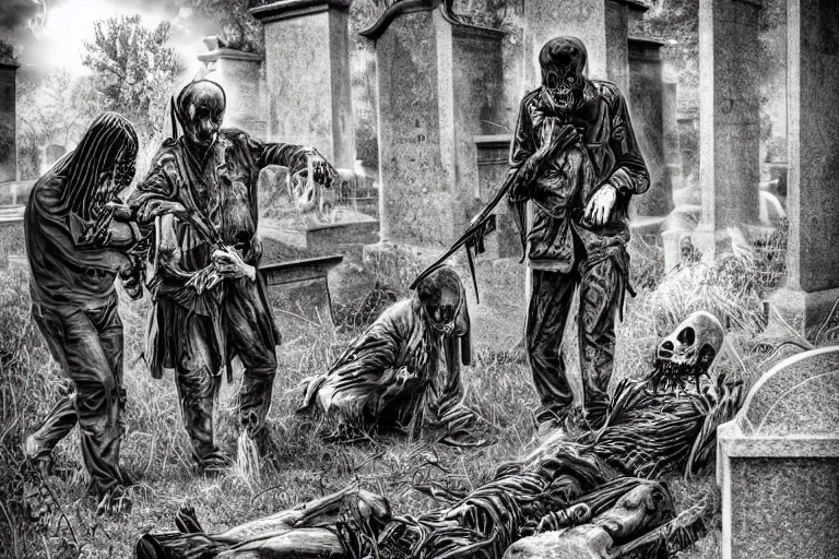 Prompt: dead anarchist leads with the corpses in the cemetery, evil, dark night, highly detailed digital art, photorealistic