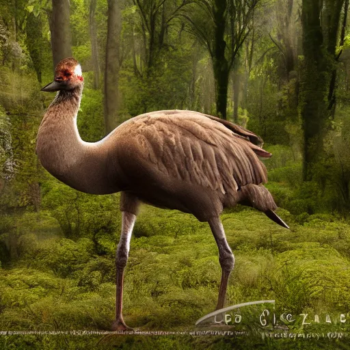 Image similar to high quality digital render of a moa grazing in a new zealand forest clearing.