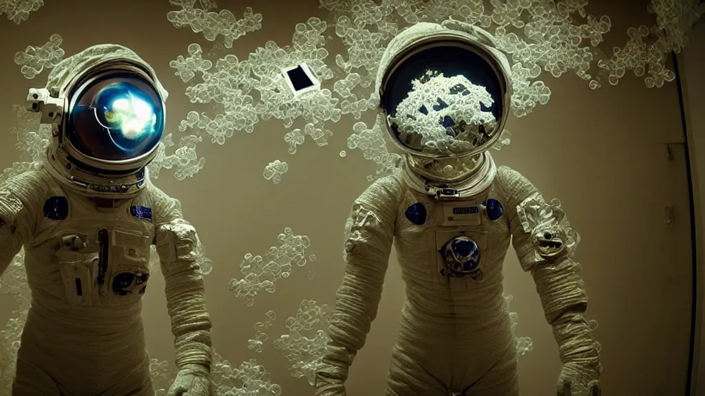 Image similar to a astronaut eva suit covered in diamond 3d fractal lace iridescent bubble 3d skin and covered with insectoid compound eye camera lenses floats through the living room, film still from the movie directed by Denis Villeneuve with art direction by Salvador Dalí, wide lens,