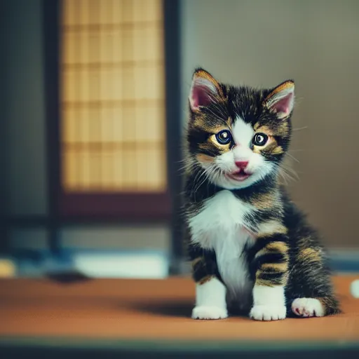 Image similar to puppy kitten inside a japanese thrift store, cinematic light, warm colours, atmospheric, bokeh, 8 k photography