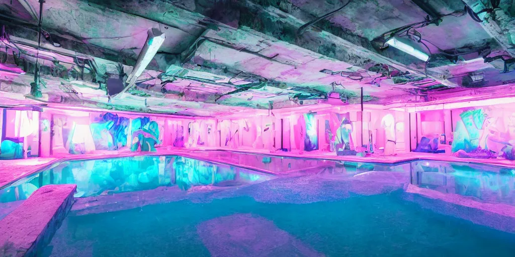 Prompt: vaporwave underground pool, photography, studio lighting, incredible atmosphere, award-winning photograph masterpiece