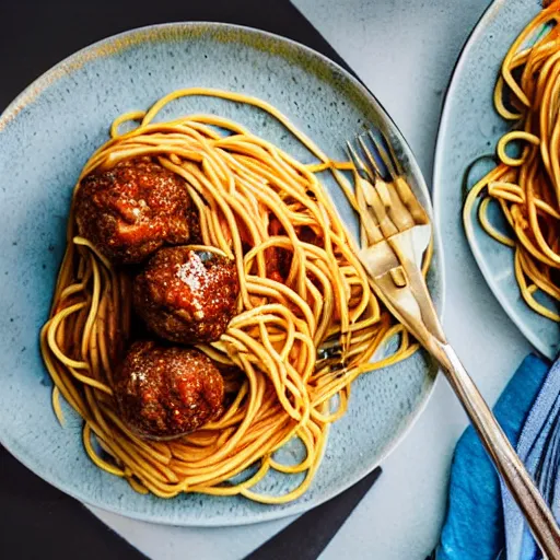 Prompt: a plate of spaghetti with blue colored meatballs, food photography