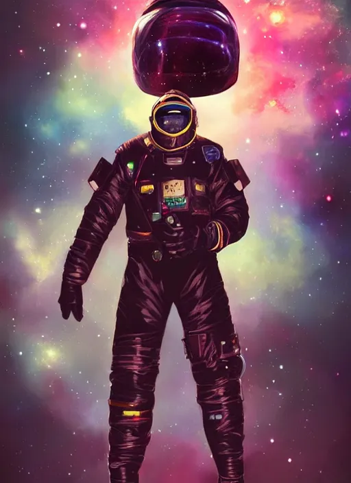 Image similar to black man in an advanced spacesuit in front of exploding nebulae, digital illustration trending on artstation by artgerm and rutkowski