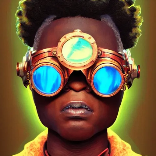 Prompt: colourful vfx upper half - portrait - art of a nigerian boy wearing steam punk goggles, art by utagawa kunisada & james jean, symmetrical, intricate detail, concept art, volumetric light, ray tracing, caricature, digital illustration, octane 3 d render, unreal engine, sharp, 8 k post process, pinterest, behance, art station,