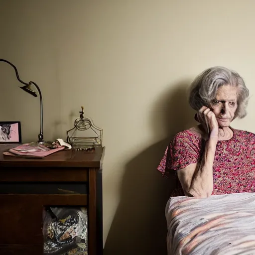 Image similar to older woman inside her bedroom, dramatic colored lighting, mysterious ambiance : : gregory crewdson photo style : : nikon d 8 1 0, ƒ / 2. 5, focal length : 8 5. 0 mm, exposure time : 1 / 8 0 0, iso : 2 0 0